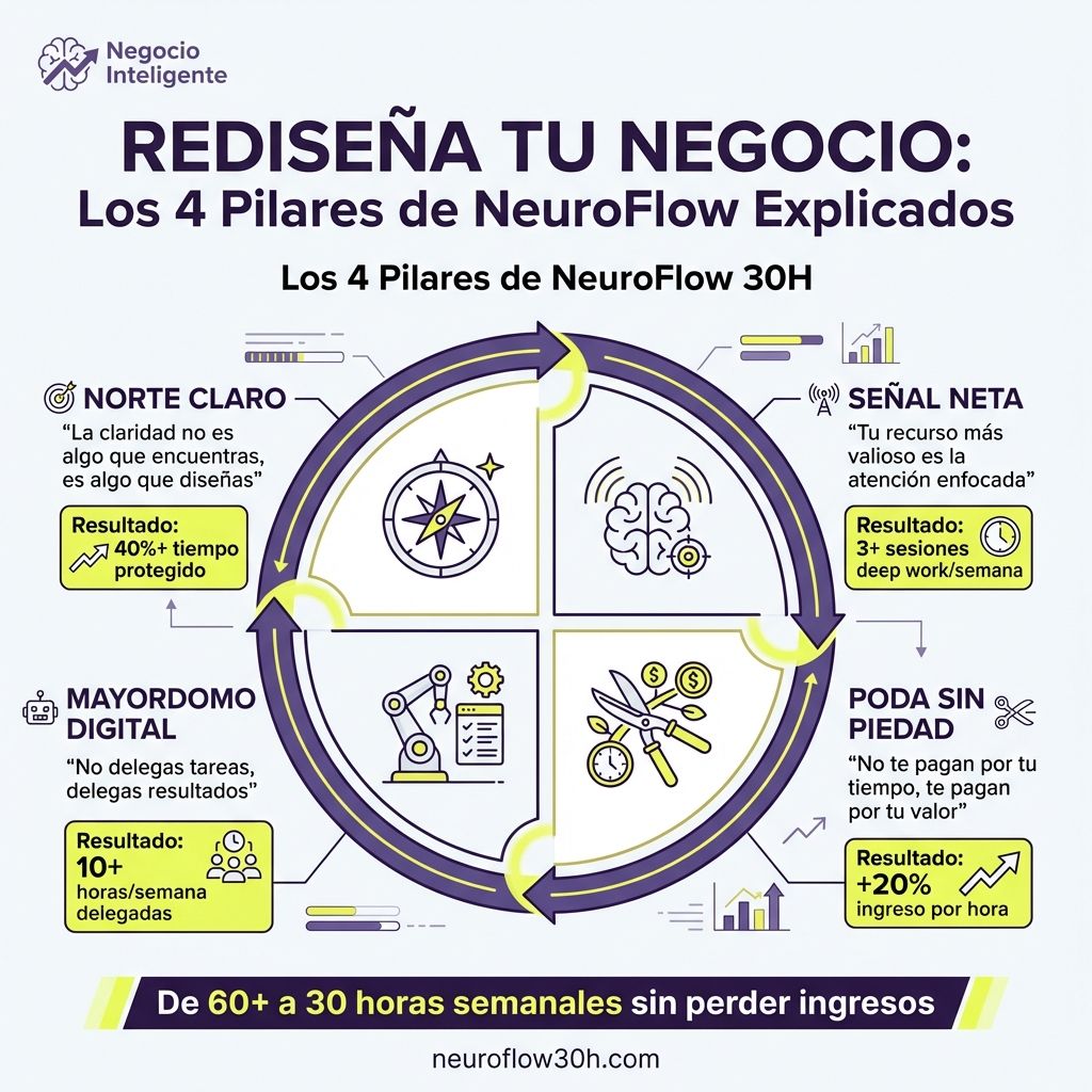 Infografía: 4 Pilares para Reducir Horas de Trabajo como Emprendedor (De 60 a 30 Horas Sin Perder Ingresos)