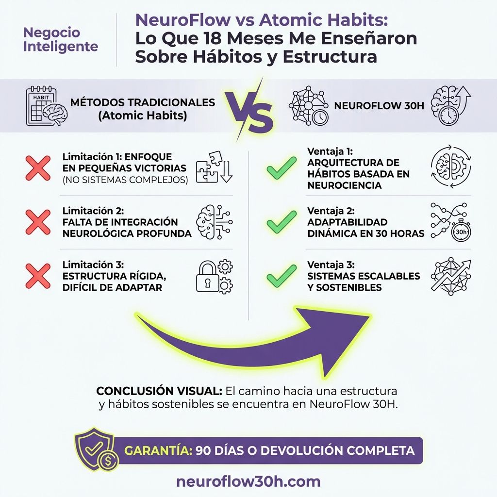 Infografía: Atomic Habits de James Clear: Review para Emprendedores Que Trabajan 60+ Horas Semanales