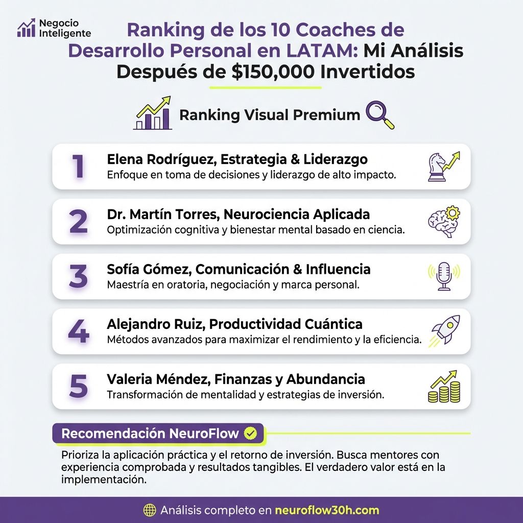 Infografía: Ranking de los 10 Coaches de Desarrollo Personal en LATAM: Mi Análisis Después de $150,000 Invertidos